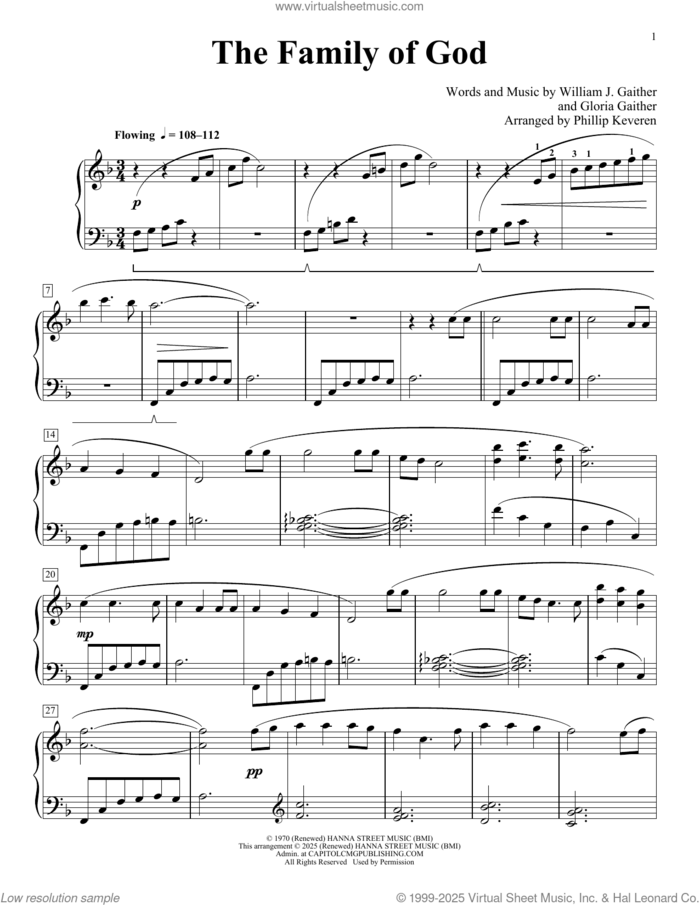 The Family Of God (arr. Phillip Keveren) sheet music for piano solo by Gloria Gaither, Phillip Keveren and William J. Gaither, intermediate skill level