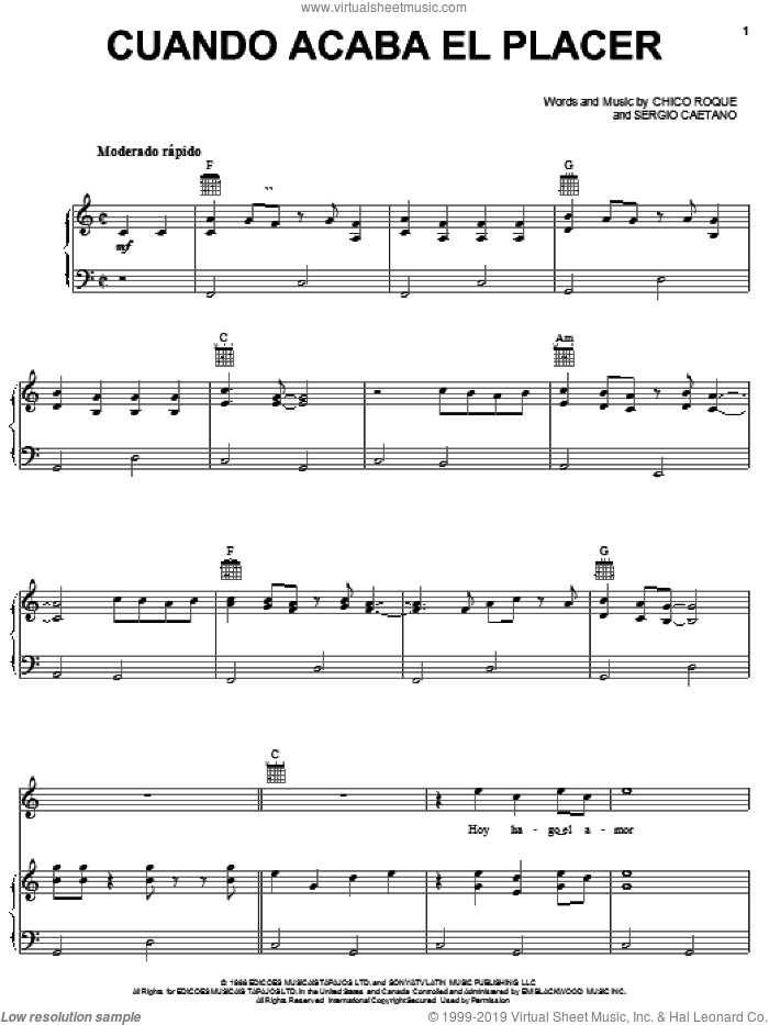 Cuando Acaba El Placer sheet music for voice, piano or guitar by Tonny Tun Tun, Chico Roque and Sergio Caetano, intermediate skill level