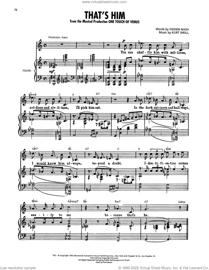 That's Him (from One Touch Of Venus) sheet music for voice, piano or guitar by Ogden Nash and Kurt Weill, intermediate skill level
