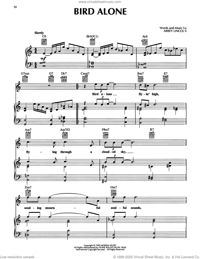Bird Alone sheet music for voice, piano or guitar by Abbey Lincoln, intermediate skill level
