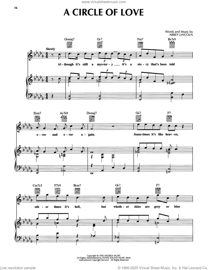 A Circle Of Love sheet music for voice, piano or guitar by Abbey Lincoln, intermediate skill level