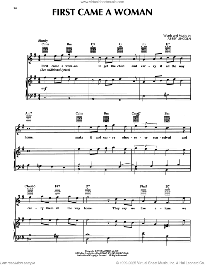 First Came A Woman sheet music for voice, piano or guitar by Abbey Lincoln, intermediate skill level