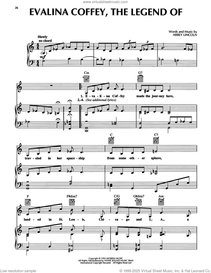 Evalina Coffey (The Legend Of) sheet music for voice, piano or guitar by Abbey Lincoln, intermediate skill level