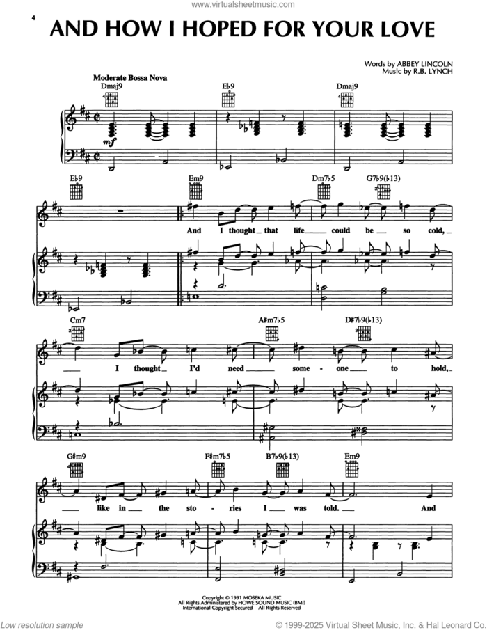 And How I Hoped For Your Love sheet music for voice, piano or guitar by Abbey Lincoln and R.b. Lynch, intermediate skill level