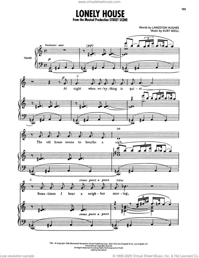 Lonely House (from Street Scene) sheet music for voice, piano or guitar by Langston Hughes and Kurt Weill, classical score, intermediate skill level