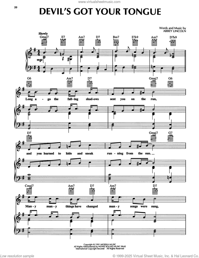 Devil's Got Your Tongue sheet music for voice, piano or guitar by Abbey Lincoln, intermediate skill level