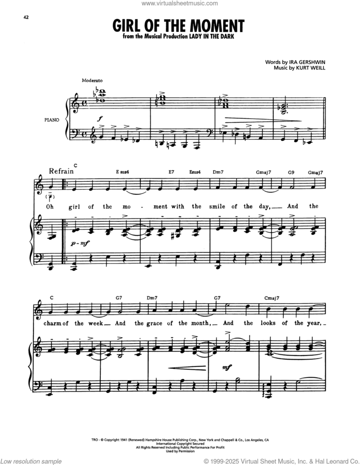 Girl Of The Moment (from Lady In The Dark) sheet music for voice, piano or guitar by Ira Gershwin and Kurt Weill, intermediate skill level