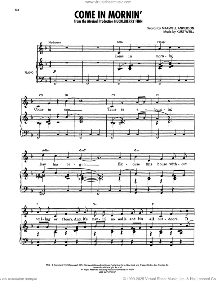 Come In Mornin' (from Huckleberry Finn) sheet music for voice, piano or guitar by Maxwell Anderson and Kurt Weill, intermediate skill level