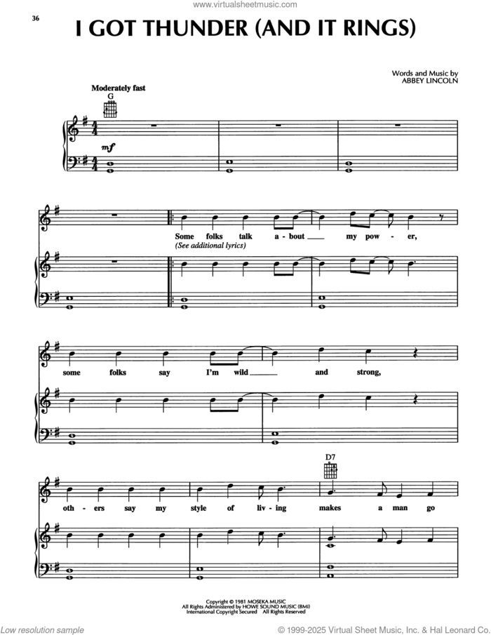 I Got Thunder (And It Rings) sheet music for voice, piano or guitar by Abbey Lincoln, intermediate skill level