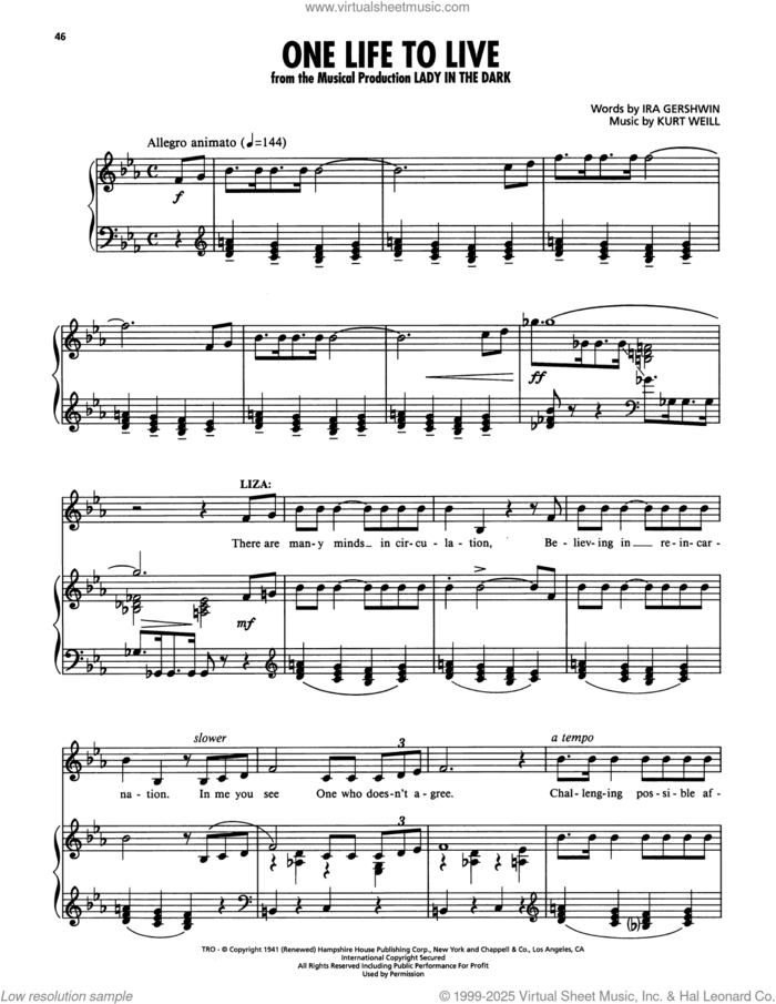 One Life To Live (from Lady In The Dark) sheet music for voice, piano or guitar by Ira Gershwin and Kurt Weill, intermediate skill level