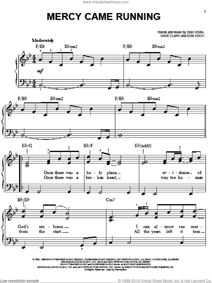 Mercy Came Running sheet music for piano solo by Phillips, Craig & Dean, Dan Dean, Dave Clark and Don Koch, easy skill level