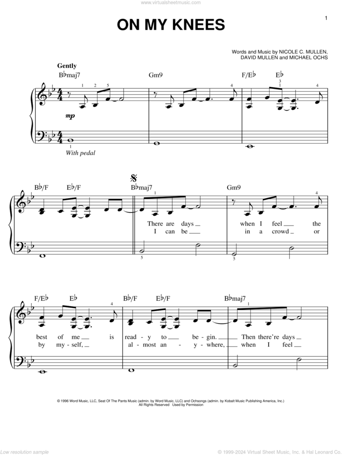 On My Knees sheet music for piano solo by Nicole C. Mullen, Jaci Velasquez, David Mullen and Michael Ochs, easy skill level