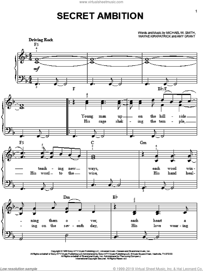 Secret Ambition sheet music for piano solo by Michael W. Smith, Amy Grant and Wayne Kirkpatrick, easy skill level