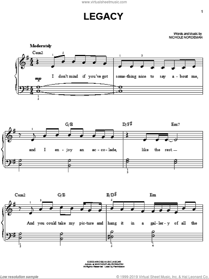 Legacy sheet music for piano solo by Nichole Nordeman, easy skill level