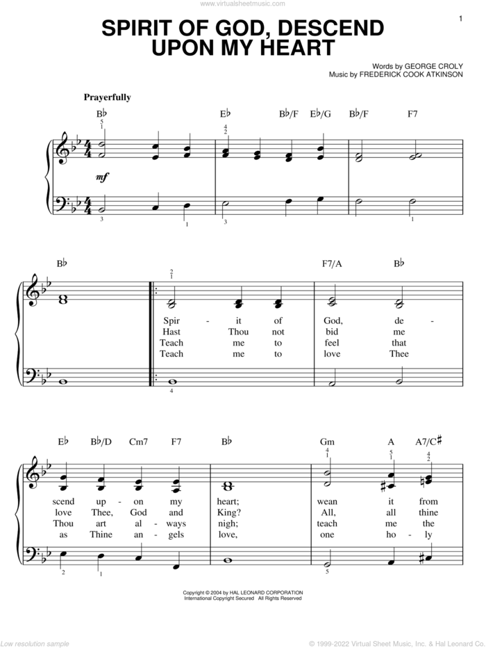 Spirit Of God, Descend Upon My Heart sheet music for piano solo by George Croly and Frederick Cook Atkinson, easy skill level