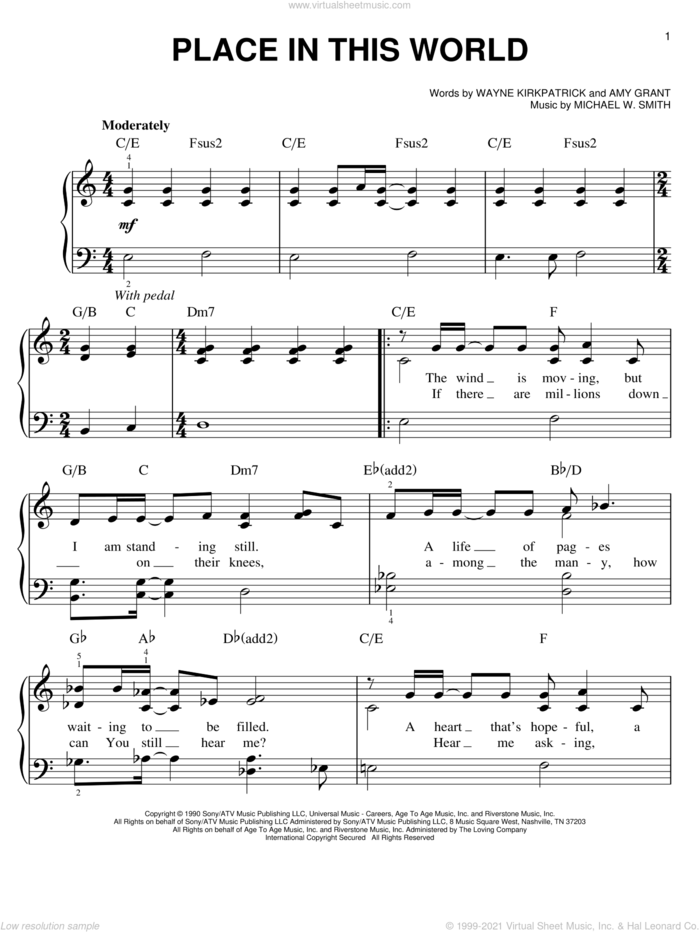 Place In This World sheet music for piano solo by Michael W. Smith, Amy Grant and Wayne Kirkpatrick, easy skill level