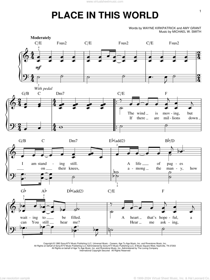 Place In This World (arr. Phillip Keveren) sheet music for piano solo by Michael W. Smith, Amy Grant and Wayne Kirkpatrick, easy skill level