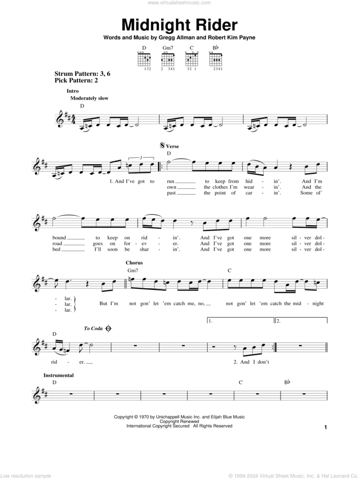 Midnight Rider sheet music for guitar solo (chords) by Allman Brothers Band, The Allman Brothers Band, Gregg Allman and Robert Kim Payne, easy guitar (chords)