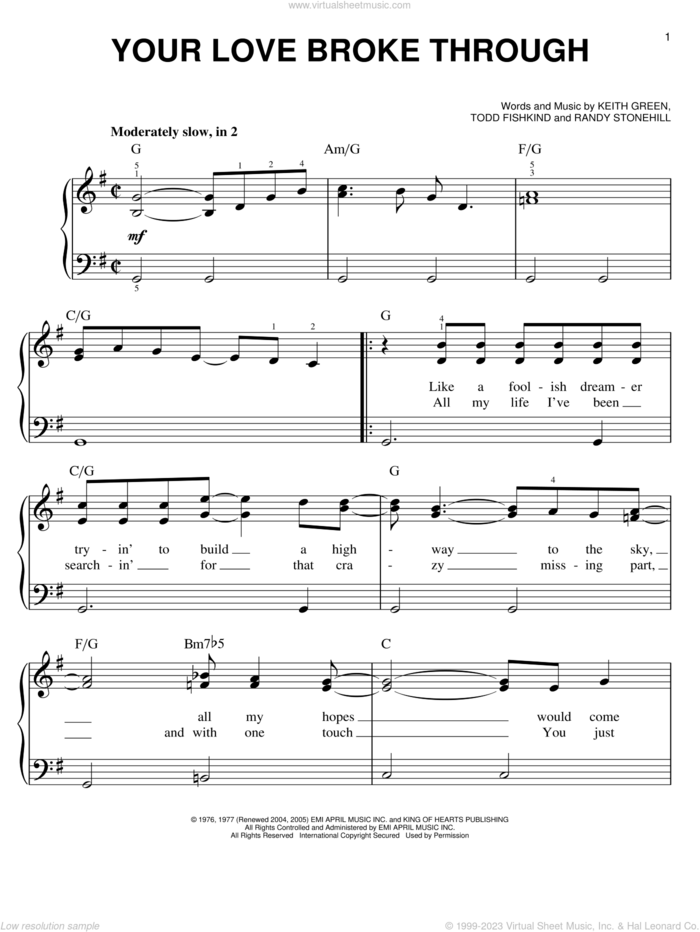 Your Love Broke Through sheet music for piano solo by Keith Green, Newsong, Randy Stonehill and Todd Fishkind, wedding score, easy skill level