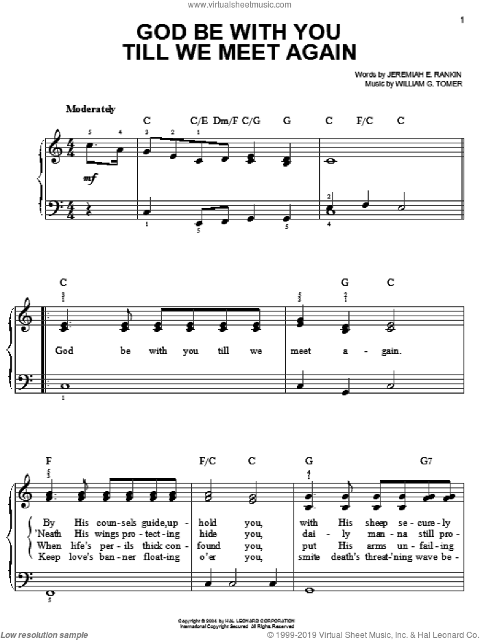 God Be With You Till We Meet Again sheet music for piano solo by Jeremiah E. Rankin and William G. Tomer, easy skill level