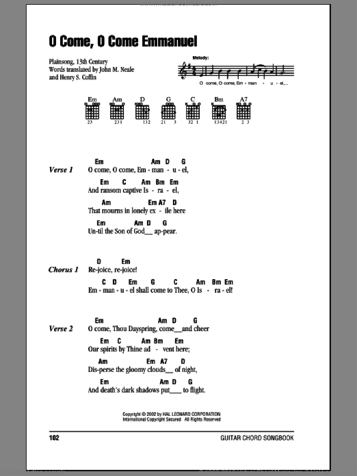 O Come, O Come Immanuel sheet music for guitar (chords) by John Mason Neale, 13th Century Plainsong and Henry S. Coffin, intermediate skill level
