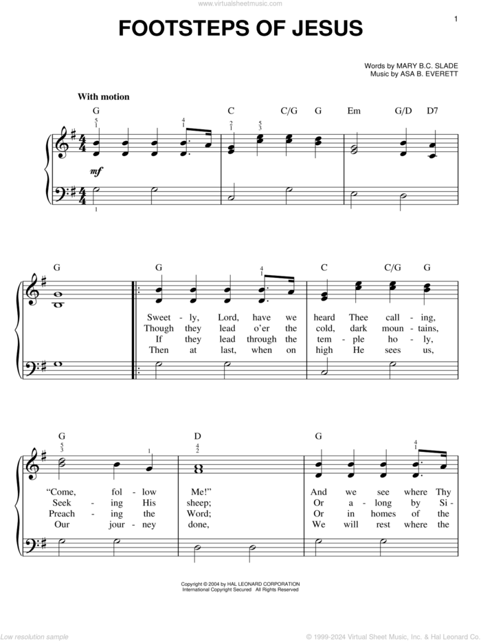 Footsteps Of Jesus, (easy) sheet music for piano solo by Mary B.C. Slade and Asa B. Everett, easy skill level