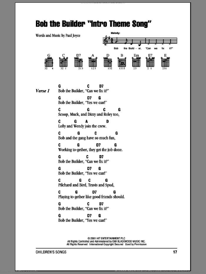 Bob The Builder 'Intro Theme Song' sheet music for guitar (chords) by Paul Joyce, intermediate skill level