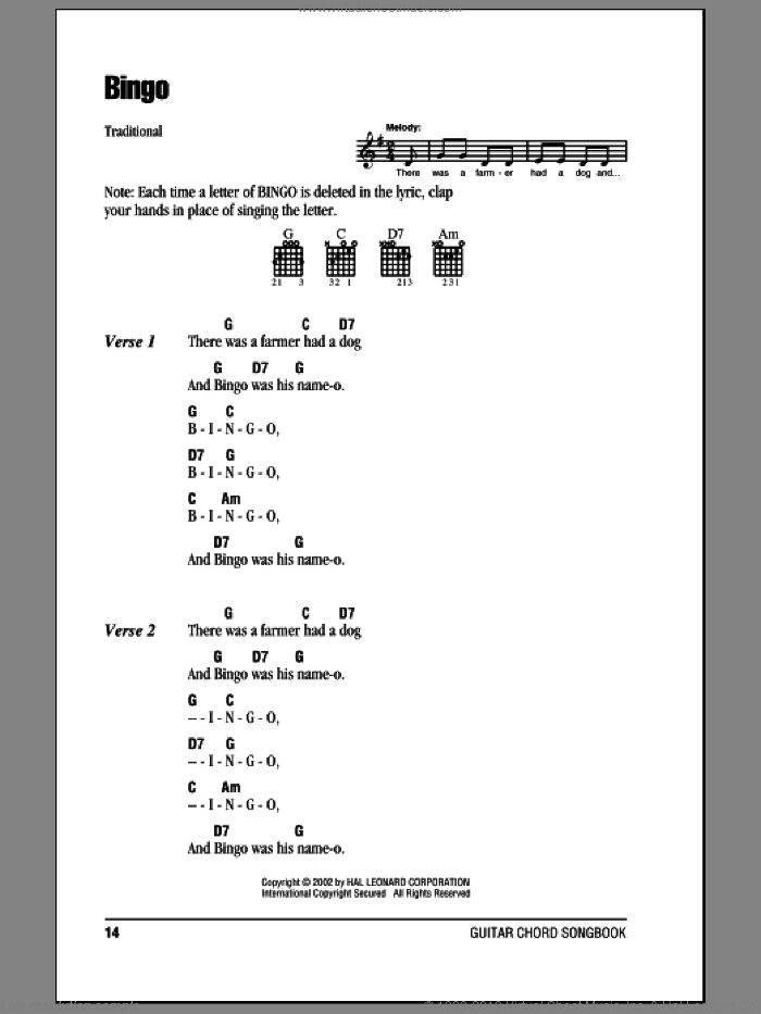 Bingo sheet music for guitar (chords), intermediate skill level