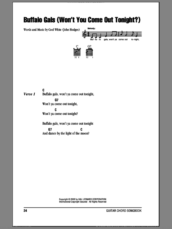 Buffalo Gals (Won't You Come Out Tonight?) sheet music for guitar (chords) by Cool White and John Hodges, intermediate skill level
