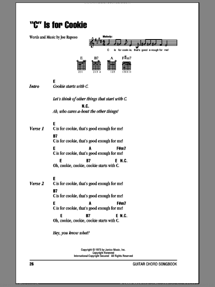 'C' Is For Cookie sheet music for guitar (chords) by The Cookie Monster and Joe Raposo, intermediate skill level