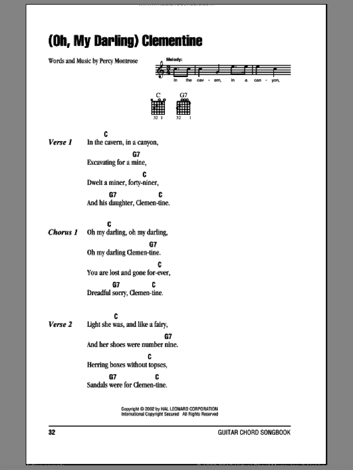 Old time song lyrics with guitar chords for Clementine G