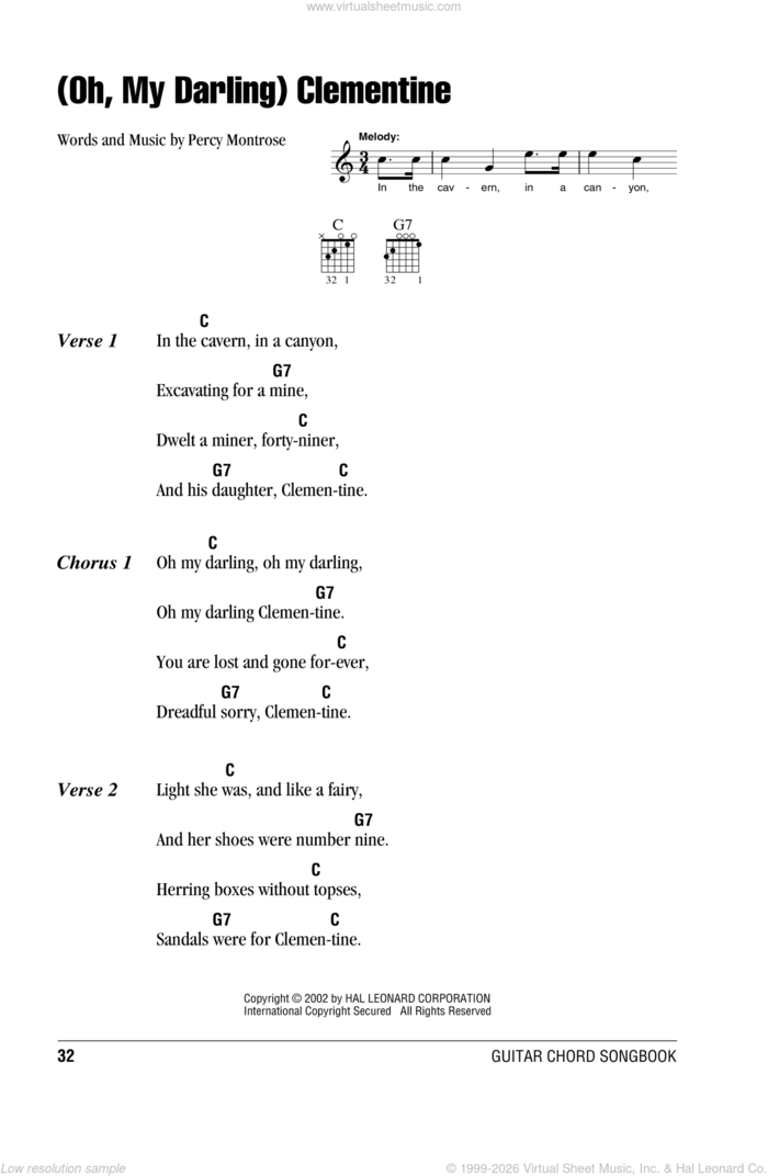 (Oh, My Darling) Clementine sheet music for guitar (chords) by Percy Montrose, intermediate skill level