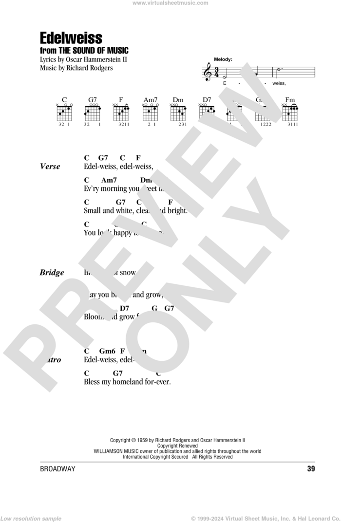 Edelweiss sheet music for guitar (chords) by Rodgers & Hammerstein, The Sound Of Music (Musical), Oscar II Hammerstein and Richard Rodgers, intermediate skill level