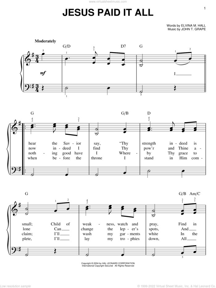 Jesus Paid It All sheet music for piano solo by Elvina M. Hall and John T. Grape, easy skill level