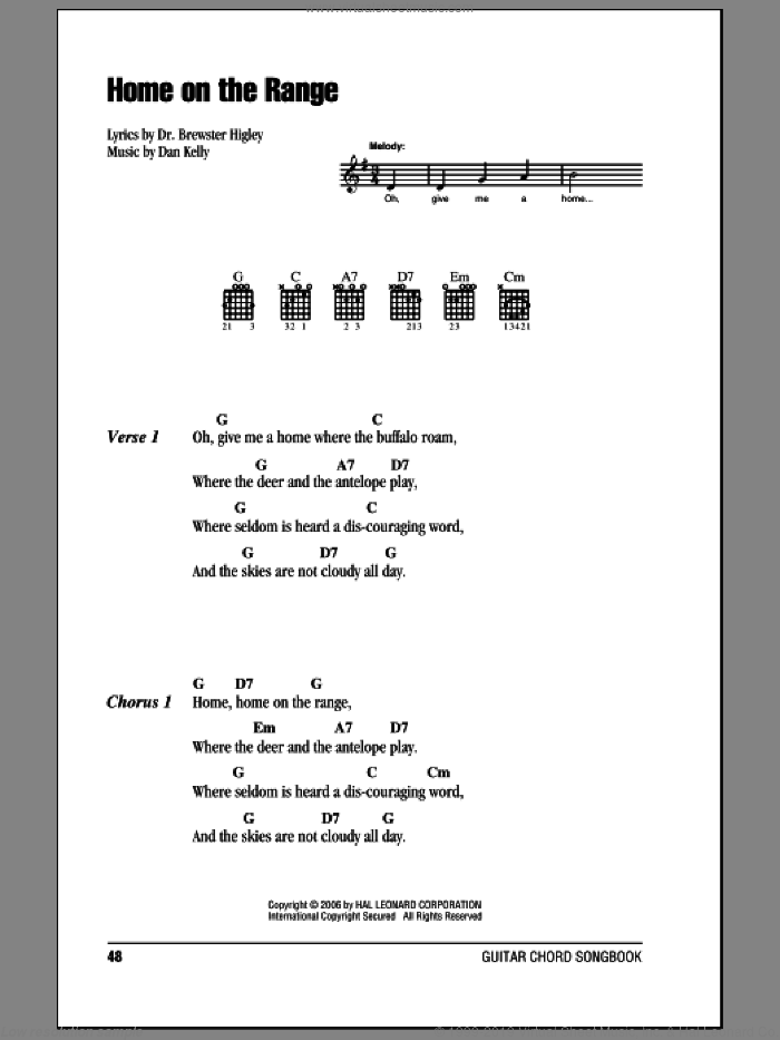 Home On The Range sheet music for guitar (chords) by Roy Rogers, Dan Kelly and Dr. Brewster Higley, intermediate skill level