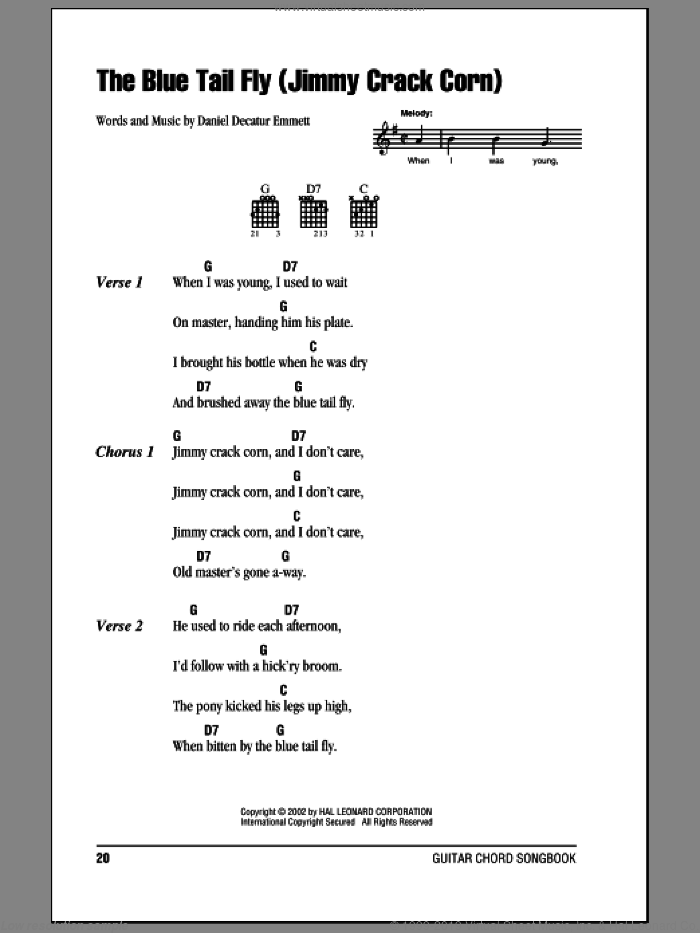 The Blue Tail Fly (Jimmy Crack Corn) sheet music for guitar (chords) by Daniel Decatur Emmett, intermediate skill level