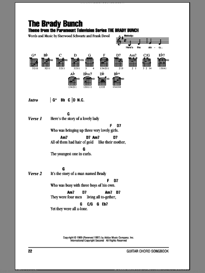 The Brady Bunch sheet music for guitar (chords) by Sherwood Schwartz and Frank DeVol, intermediate skill level