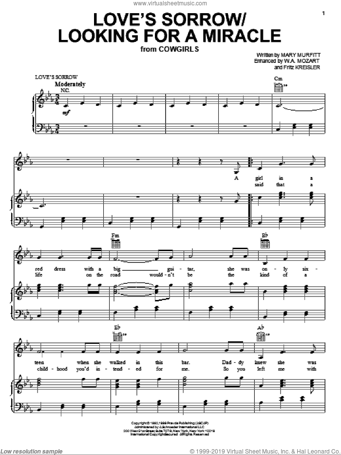Love's Sorrow/Looking For A Miracle sheet music for voice, piano or guitar by Mary Murfitt, Wolfgang Amadeus Mozart and Fritz Kreisler, classical score, intermediate skill level
