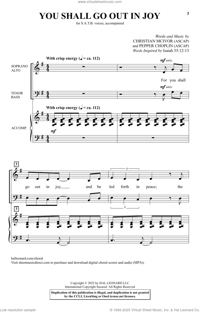 You Shall Go Out In Joy sheet music for choir (SATB: soprano, alto, tenor, bass) by Pepper Choplin, Christian McIvor, Christian McIvor and Pepper Choplin and Isaiah 55:12-13, intermediate skill level