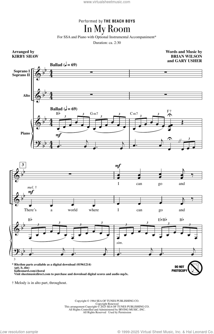 In My Room (arr. Kirby Shaw) sheet music for choir (SSA: soprano, alto) by The Beach Boys, Kirby Shaw, Brian Wilson and Gary Usher, intermediate skill level