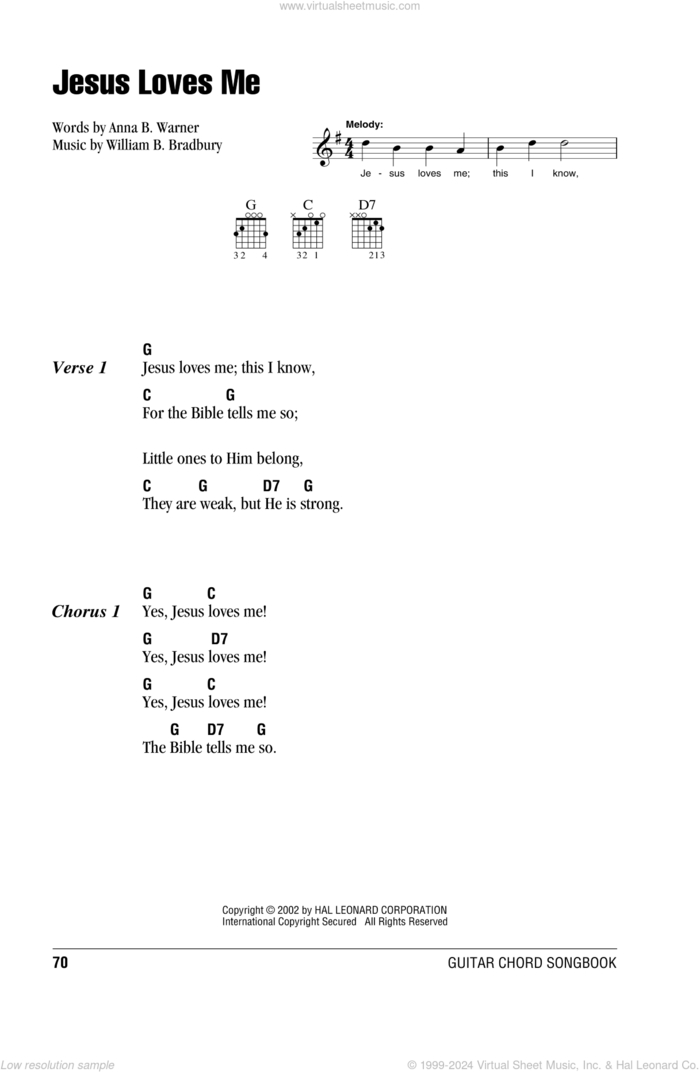 Jesus Loves Me sheet music for guitar (chords) by Anna B. Warner and William B. Bradbury, intermediate skill level