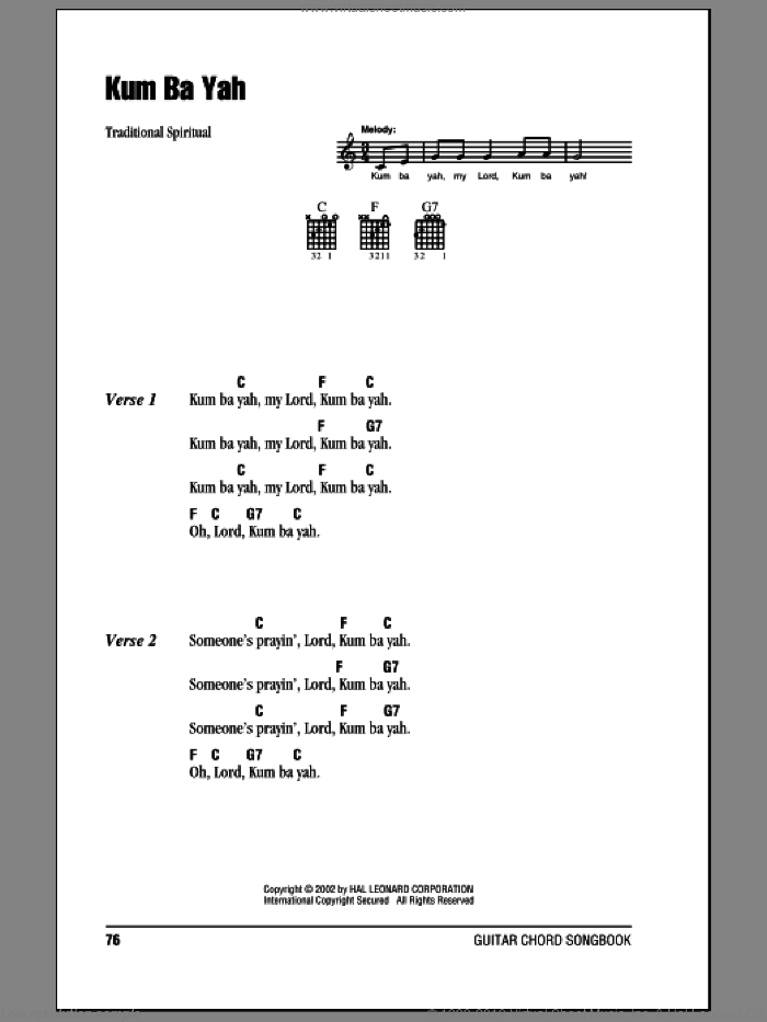 Kum Ba Yah sheet music for guitar (chords), intermediate skill level