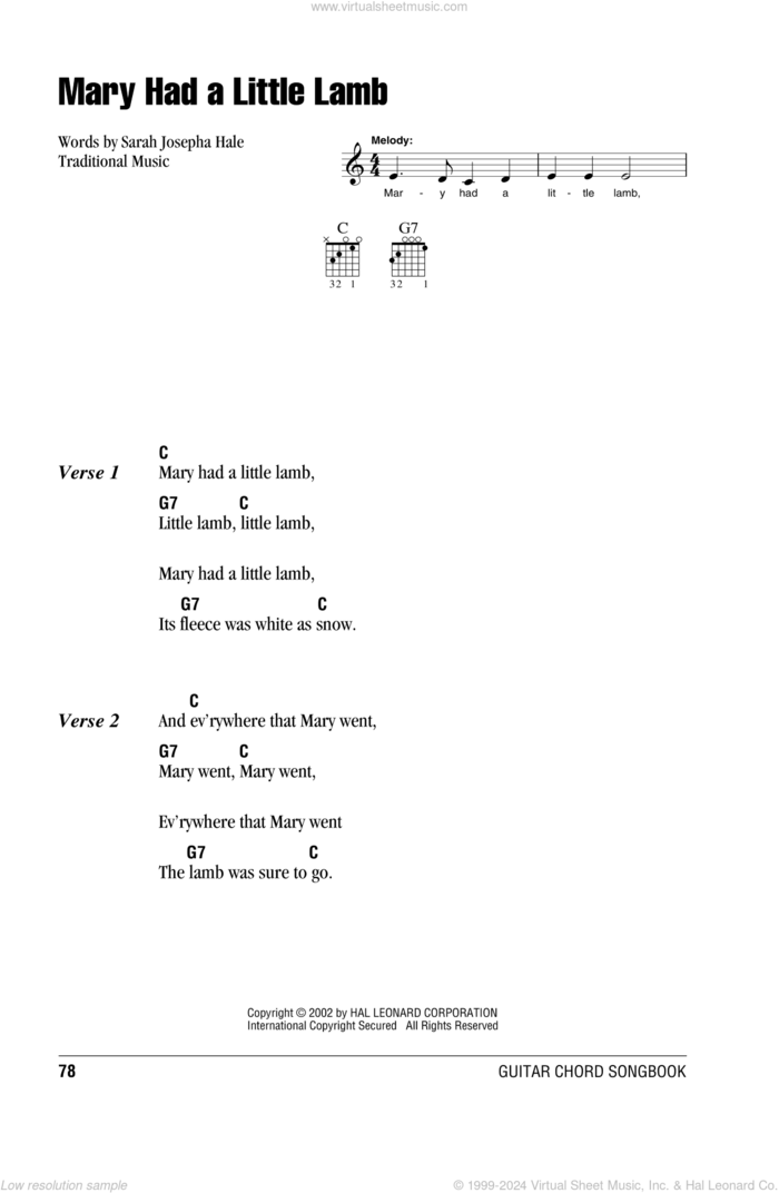 Mary Had A Little Lamb sheet music for guitar (chords)  and Sarah Josepha Hale, intermediate skill level