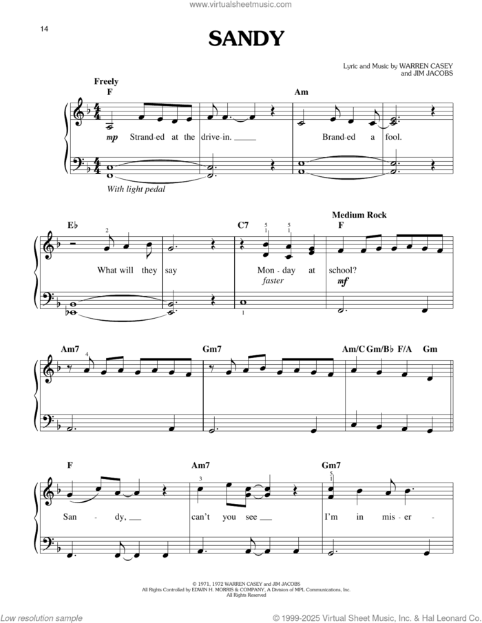 Sandy (from Grease) sheet music for piano solo by John Travolta, Louis St. Louis and Scott Simon, easy skill level