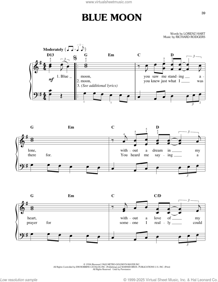 Blue Moon (from Grease) sheet music for piano solo by Sha Na Na, Lorenz Hart and Richard Rodgers, easy skill level