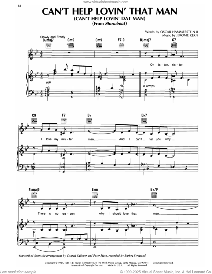 Can't Help Lovin' Dat Man sheet music for voice, piano or guitar by Barbra Streisand, Jerome Kern and Oscar II Hammerstein, intermediate skill level