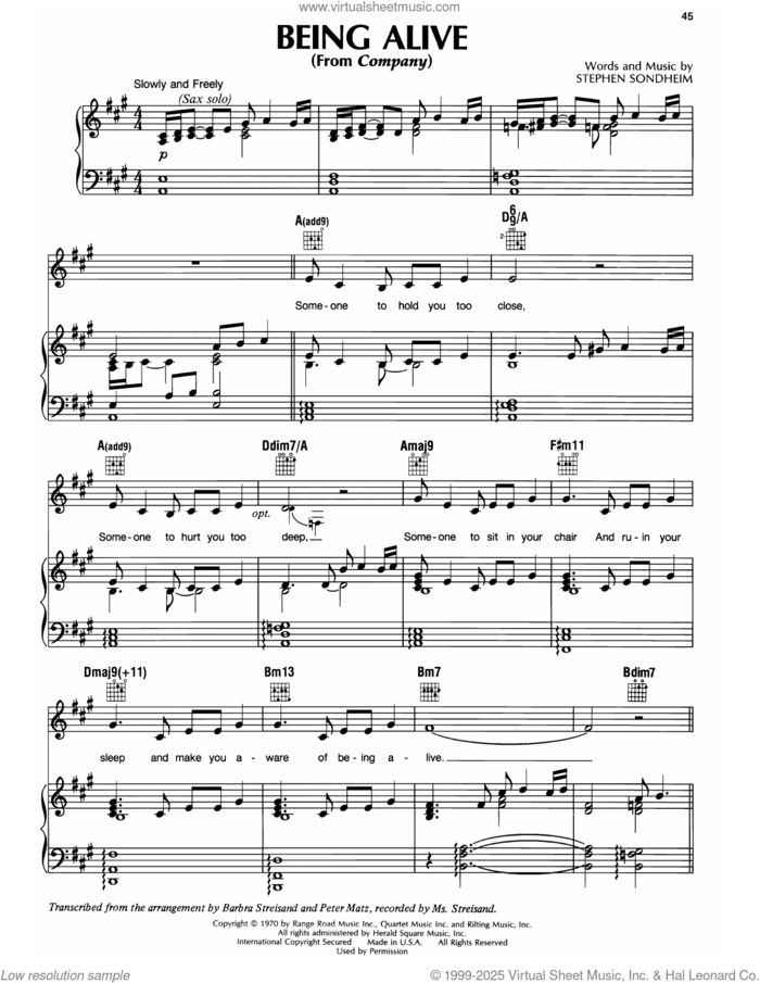 Being Alive sheet music for voice, piano or guitar by Barbra Streisand and Stephen Sondheim, intermediate skill level