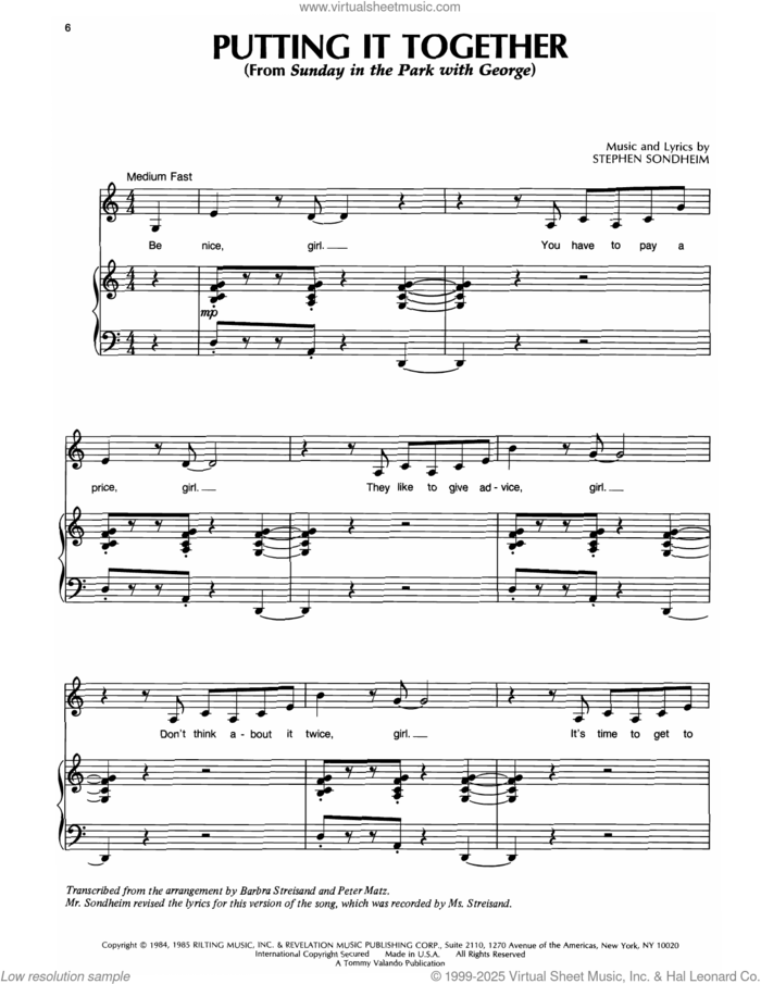 Putting It Together sheet music for voice, piano or guitar by Barbra Streisand and Stephen Sondheim, intermediate skill level