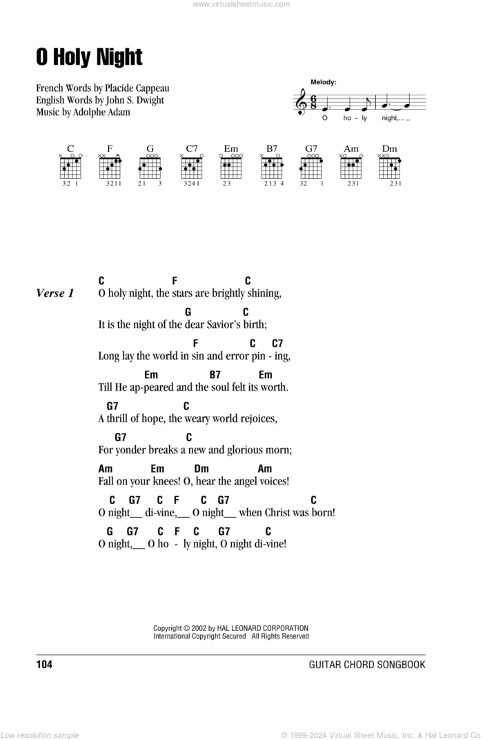 O Holy Night sheet music for guitar (chords) by Adolphe Adam, John S. Dwight and Placide Cappeau, intermediate skill level