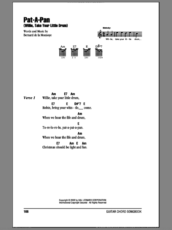 Pat-A-Pan (Willie, Take Your Little Drum) sheet music for guitar (chords) by Bernard de la Monnoye, intermediate skill level